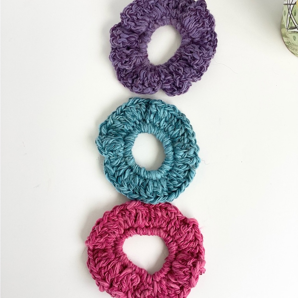 Hair Accessories Scrunchies Hand Crafted Mohair Silk Blue Purple Mauve Crochet - Picture 5 of 11